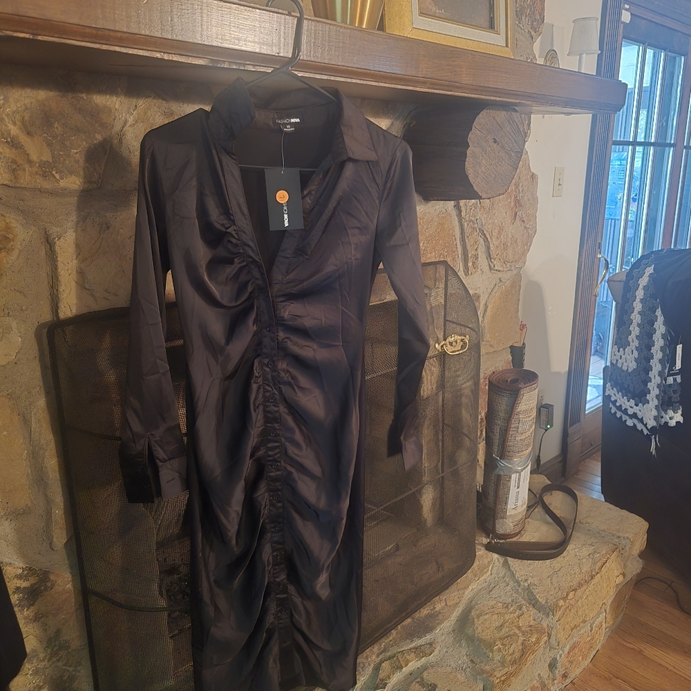 Zara Black Long Sleeve Ruched Dress - Picture 2 of 7